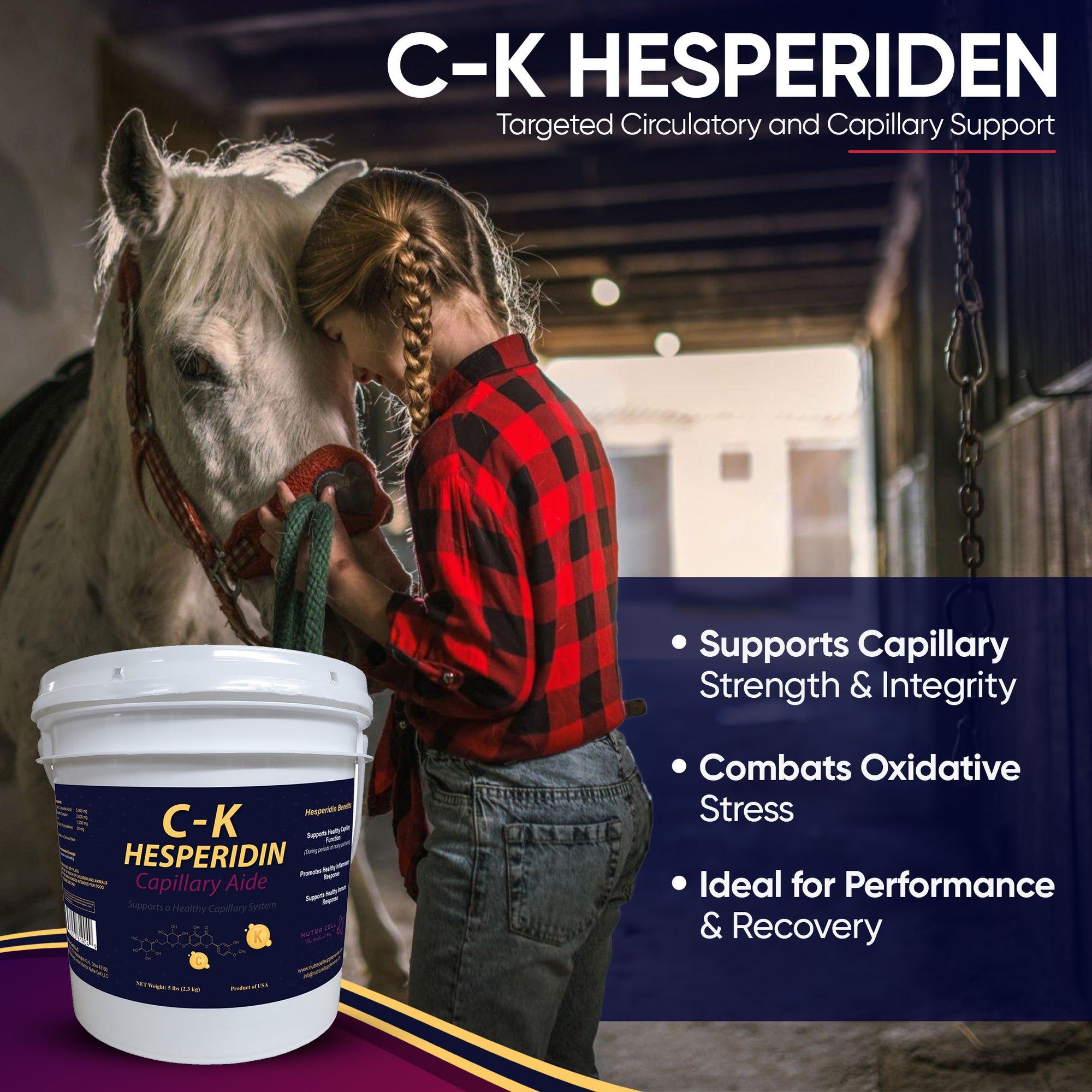 Person petting a horse with Nutra Cell C-K Hesperidin supplement in the foreground.