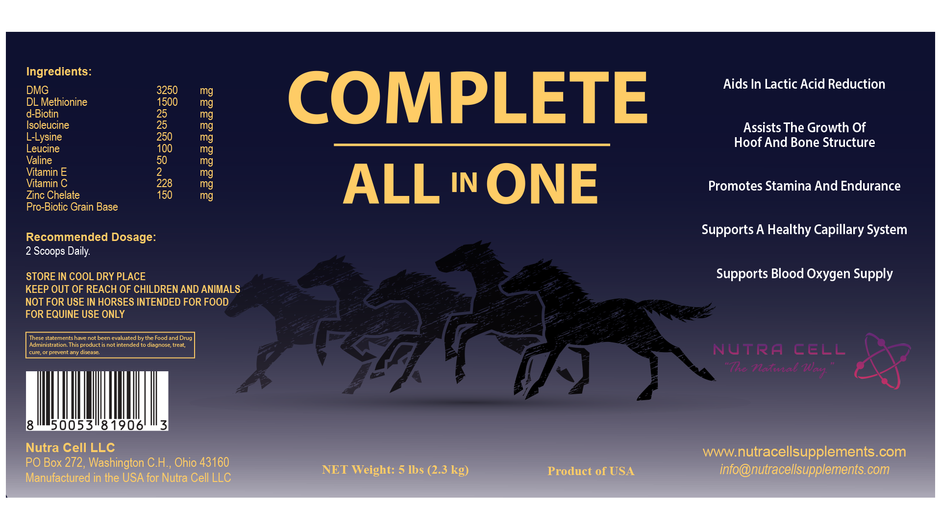 Complete All-in-One daily horse supplement label by Nutra Cell highlighting overall nutrition, joint, gut, and immune health support