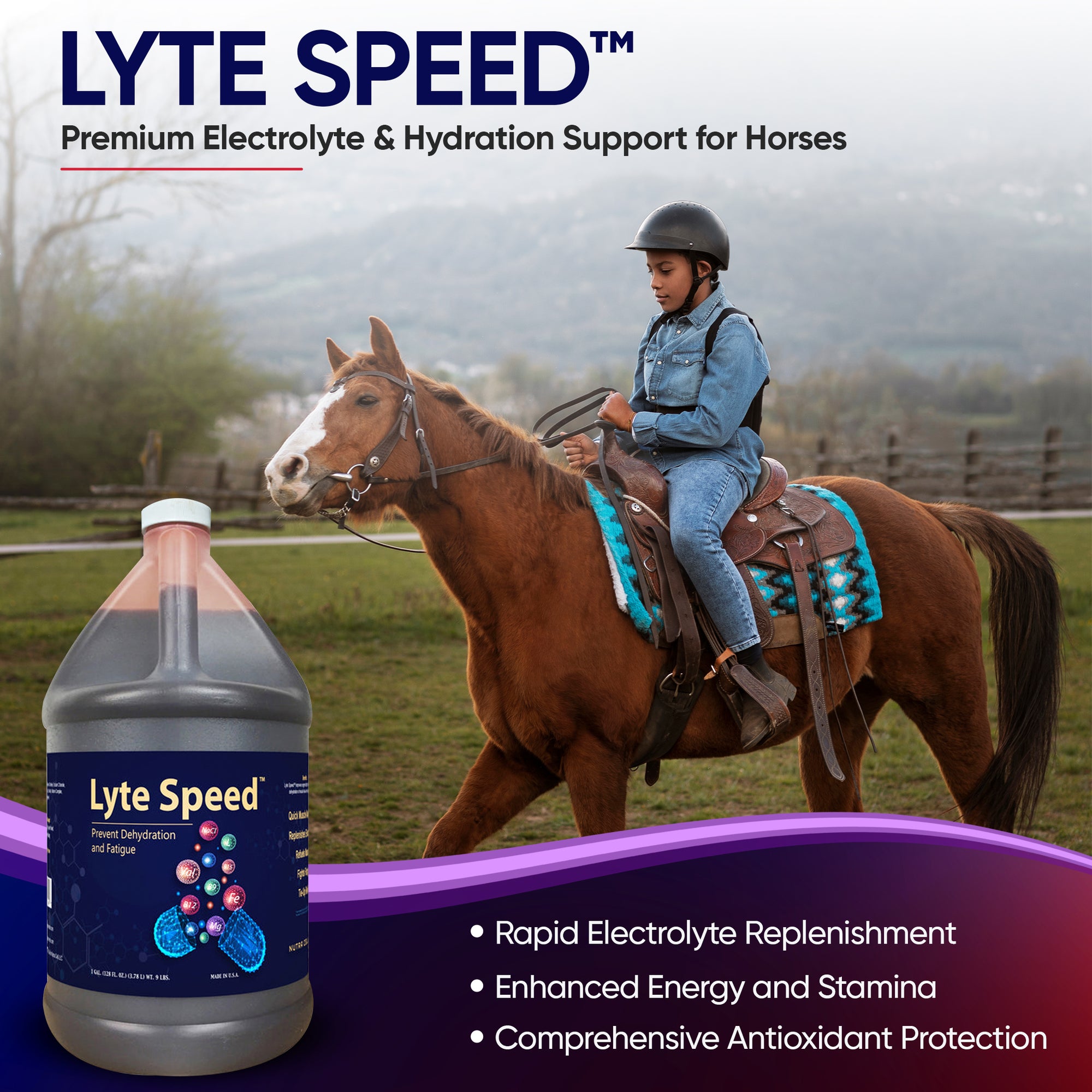 Nutra Cell Lyte Speed electrolyte and hydration supplement for horses with a horse and rider in the background