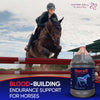 Nucell horse supplement with a horse and rider in the background showing endurance support.
