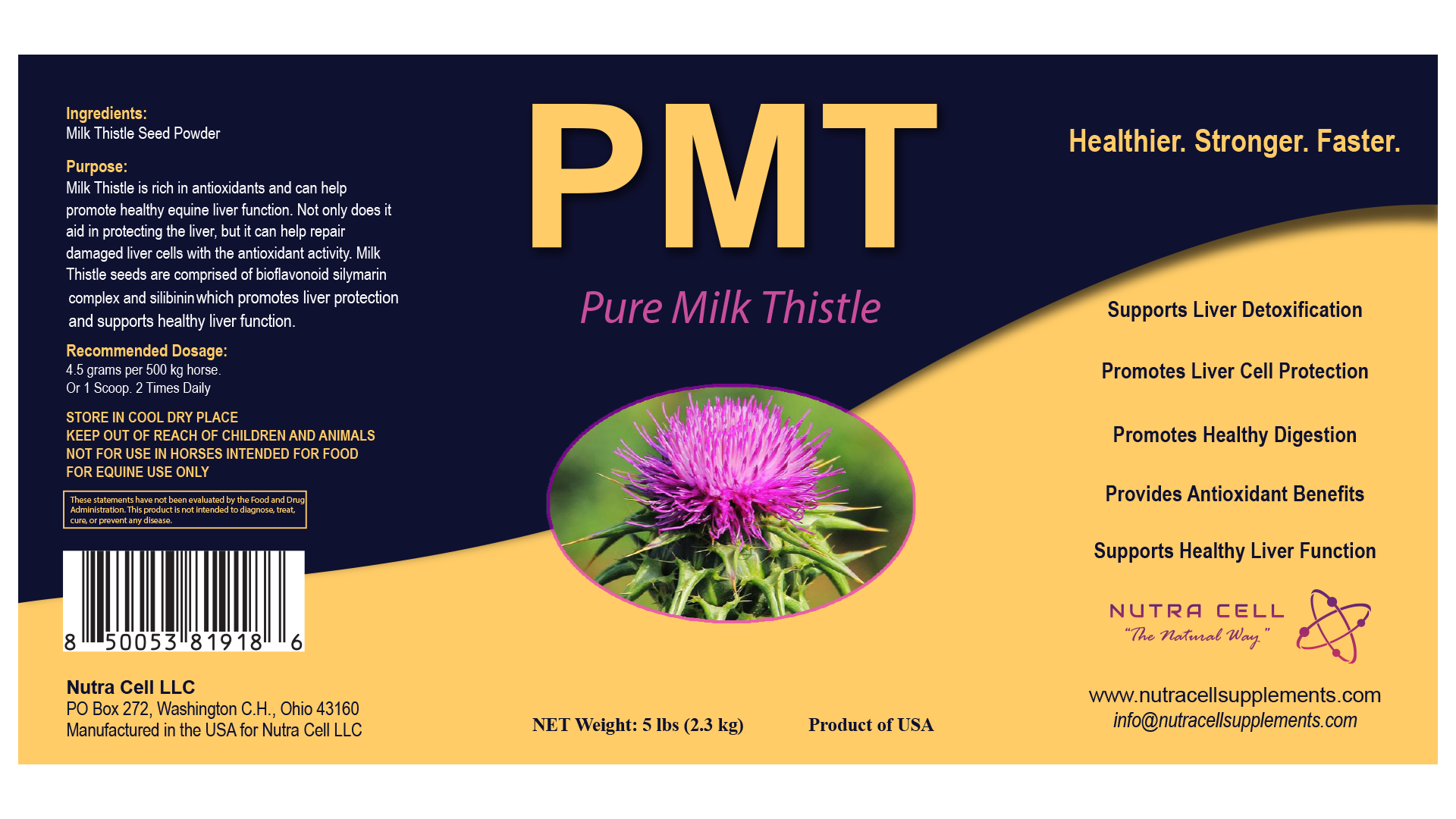 PMT Pure Milk Thistle supplement label by Nutra Cell highlighting liver detoxification, metabolic function, and overall equine liver health