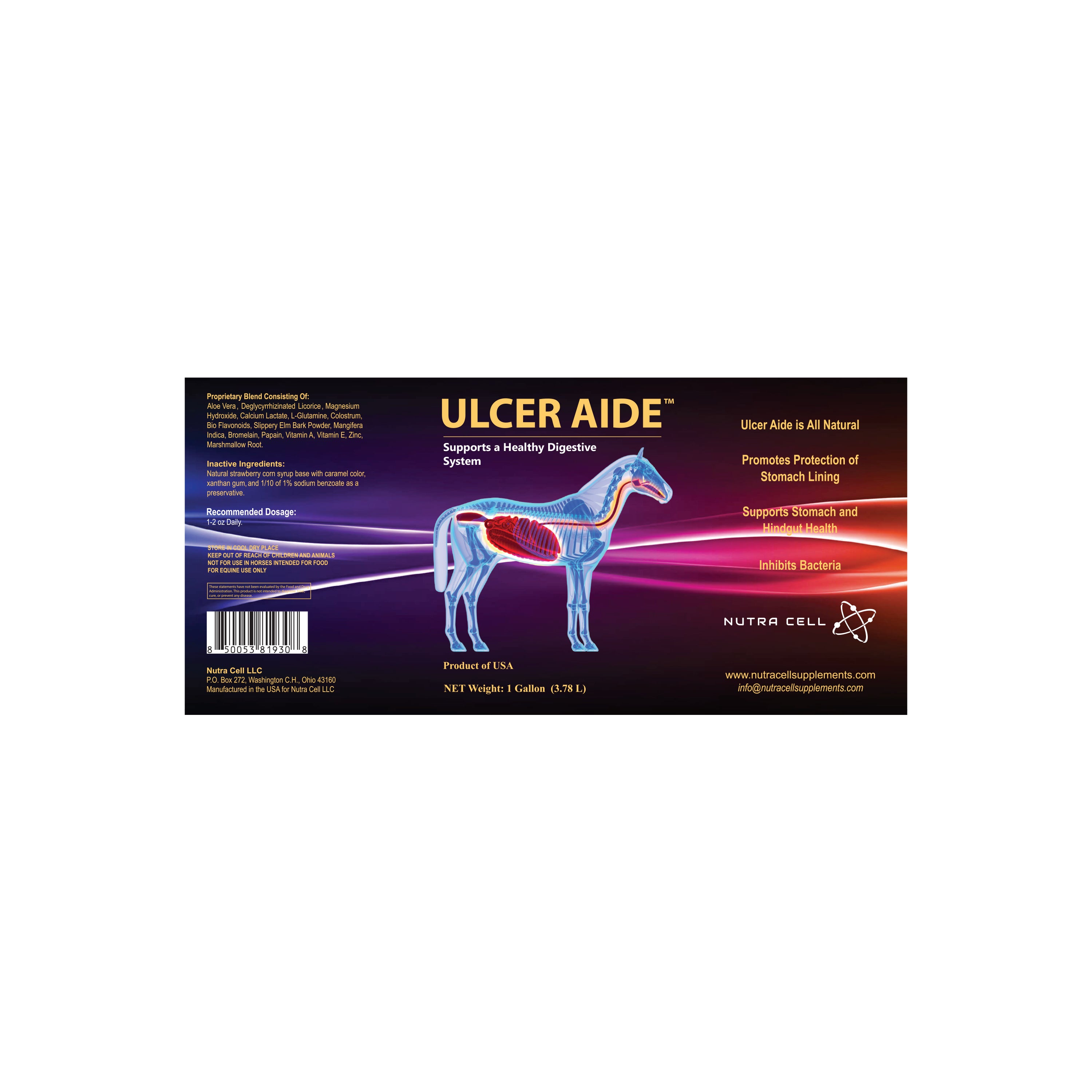 Ulcer Aide digestive supplement label detailing stomach support and ulcer prevention for horses – Nutra Cell